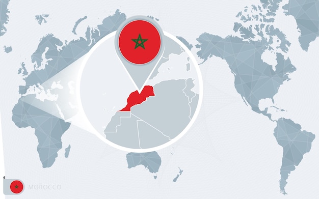 Pacific centered wereldkaart met vergrote marokko. vlag en kaart van marokko.