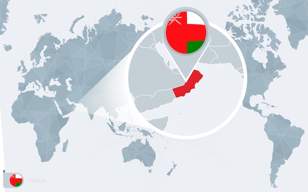 Pacific Centered Wereldkaart met vergrote Oman. Vlag en kaart van Oman.