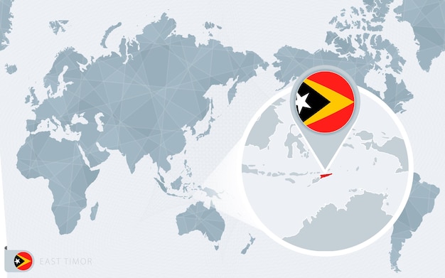 Pacific Centered Wereldkaart met vergrote Oost-Timor. Vlag en kaart van Oost-Timor.