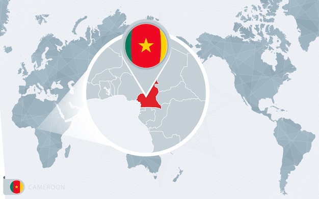 Pacific centered world map with magnified cameroon. flag and map of cameroon.