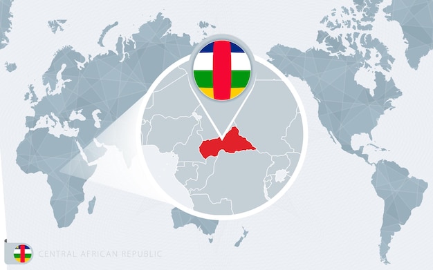 확대된 중앙 아프리카 공화국이 있는 태평양 중심 세계 지도. 중앙아프리카공화국의 국기와 지도.