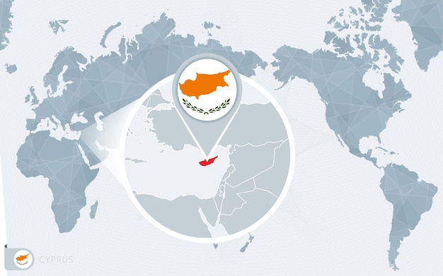 拡大されたキプロスの太平洋中心の世界地図。キプロスの旗と地図。