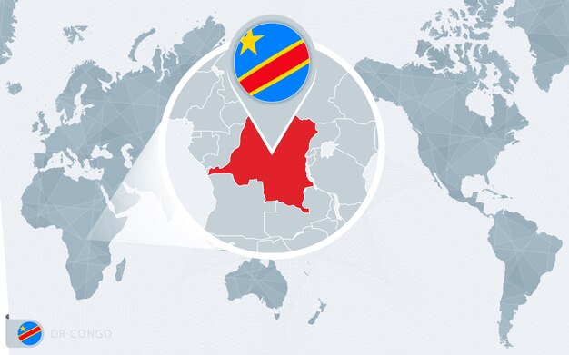 Pacific Centered World map with magnified DR Congo. Flag and map of DR Congo.