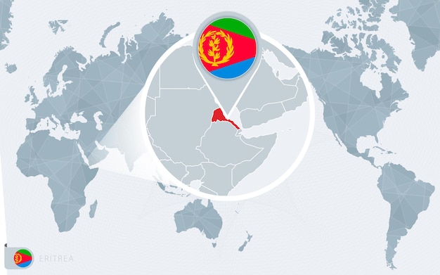 Mappa del mondo centrato sul pacifico con l'eritrea ingrandita. bandiera e mappa dell'eritrea.