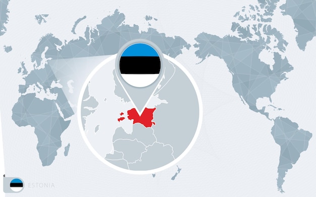 Pacific Centered World map with magnified Estonia. Flag and map of Estonia.