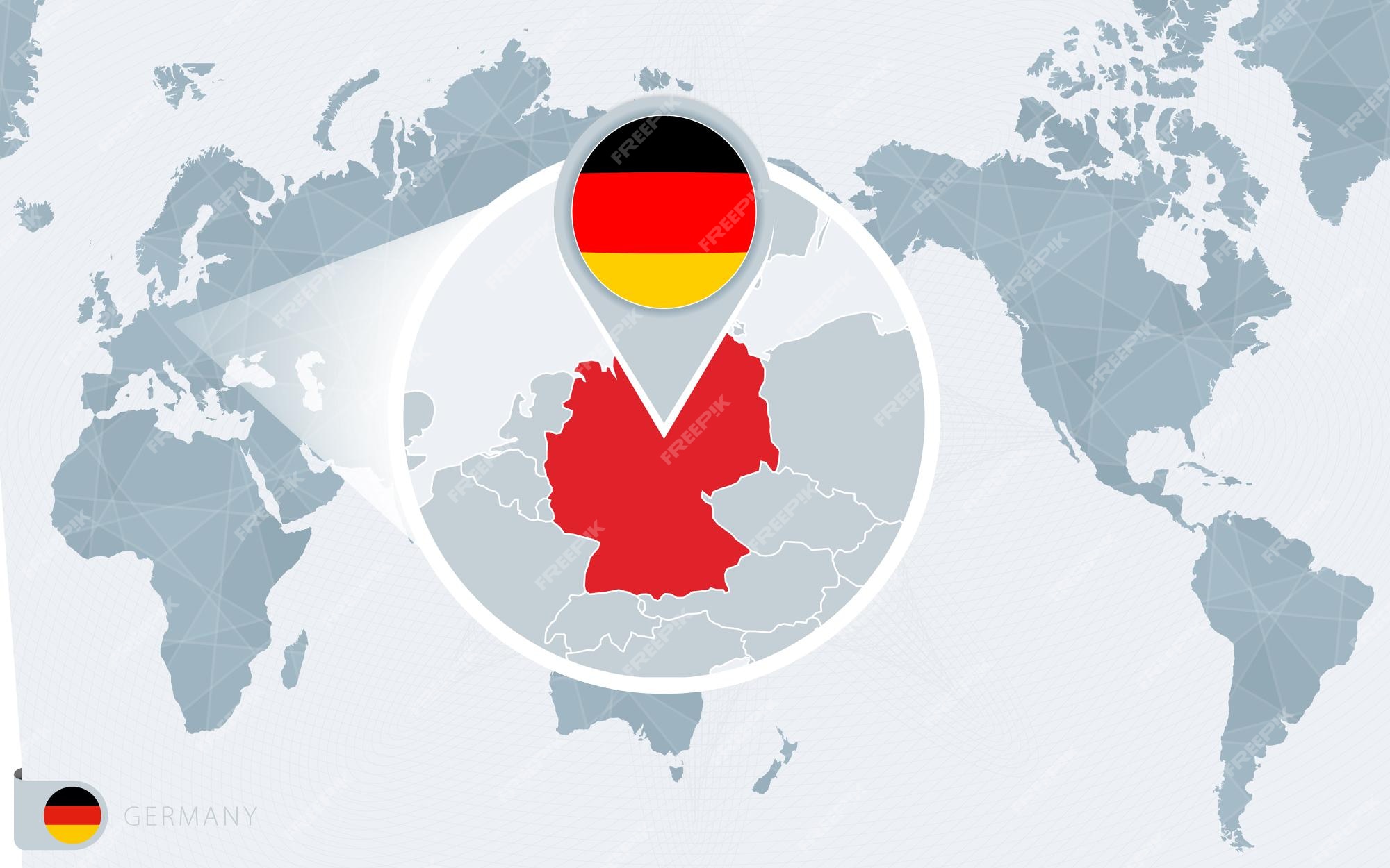 확대된 독일과 태평양 중심의 세계 지도입니다. 독일의 국기와 지도입니다. | 프리미엄 벡터