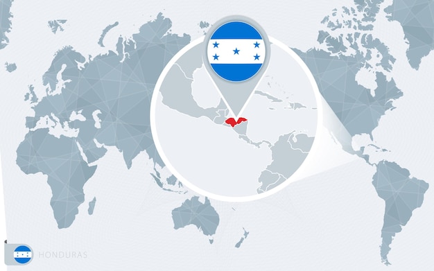 Pacific Centered World map with magnified Honduras. Flag and map of Honduras.