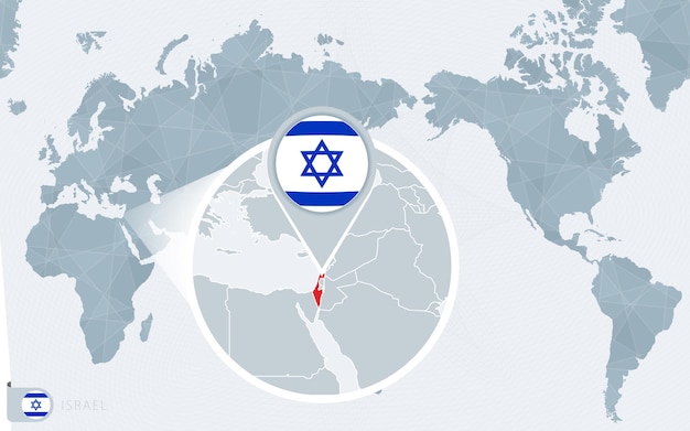 Pacific Centered World map with magnified Israel. Flag and map of Israel.