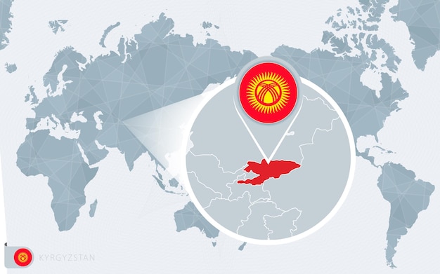 Mappa del mondo centrato sul pacifico con il kirghizistan ingrandito. bandiera e mappa del kirghizistan.