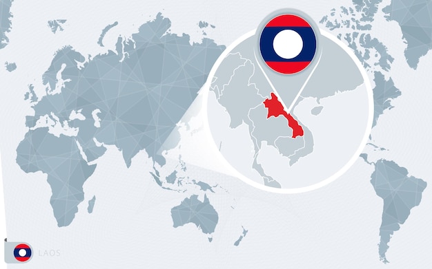 拡大されたラオスの太平洋中心の世界地図。ラオスの旗と地図。