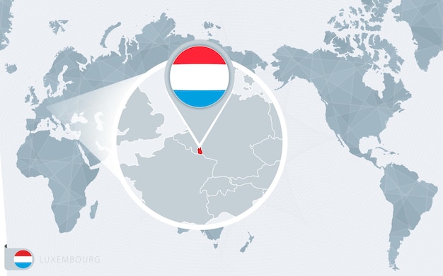 Vector pacific centered world map with magnified luxembourg. flag and map of luxembourg.