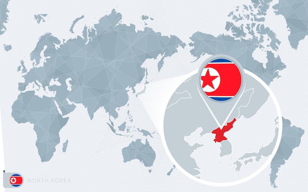 확대된 북한이 있는 태평양 중심 세계 지도. 북한의 국기와 지도.