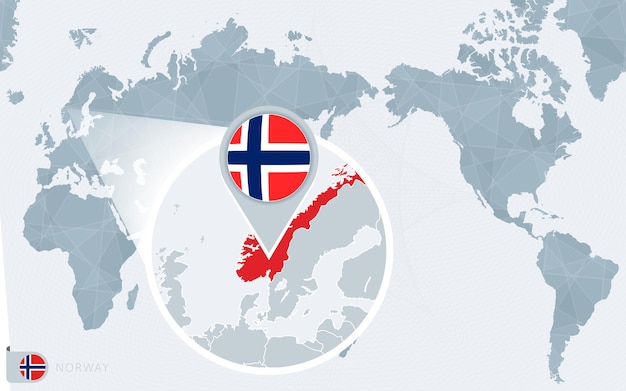 拡大されたノルウェーの旗とノルウェーの地図を含む太平洋中心の世界地図