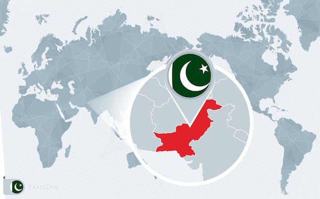 Pacific centered world map with magnified pakistan. flag and map of pakistan.