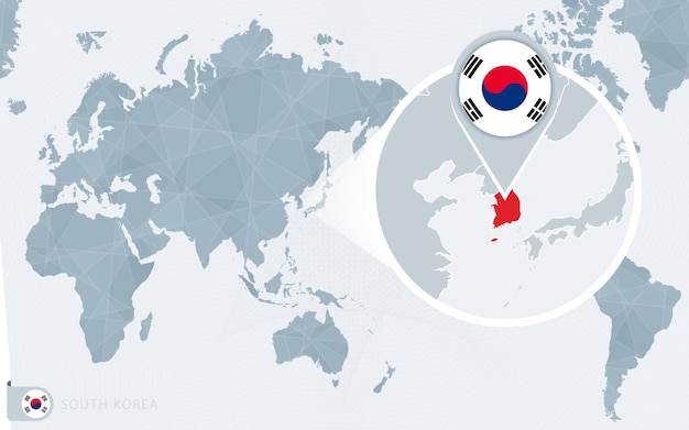 拡大された韓国の太平洋中心の世界地図。韓国の旗と地図。