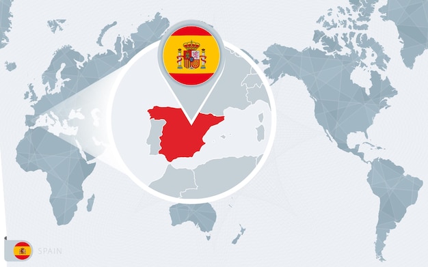 Pacific centered world map with magnified spain. flag and map of spain.