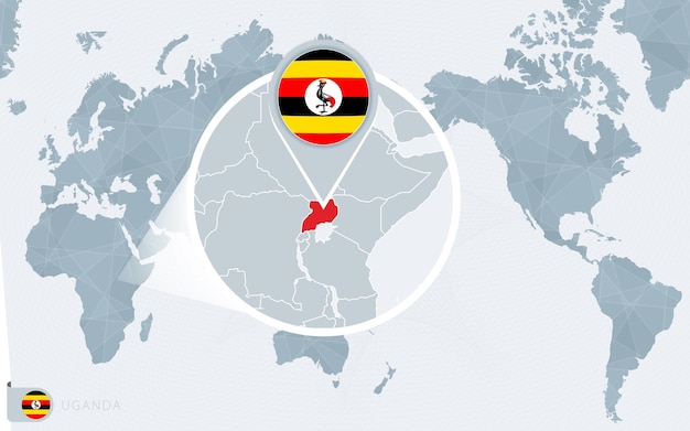 Pacific Centered World map with magnified Uganda. Flag and map of Uganda.