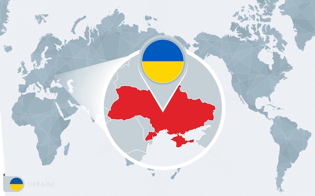 Карта мира в центре тихого океана с увеличенной украиной. флаг и карта украины.