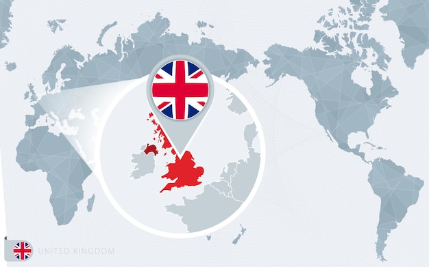 拡大されたイギリスの旗とイギリスの地図が付いている太平洋中心の世界地図