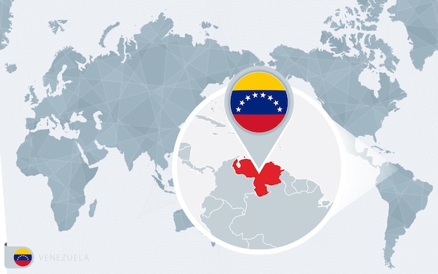 Pacific Centered World map with magnified Venezuela. Flag and map of Venezuela.