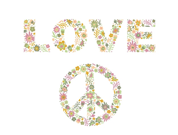 Pacifico e amore parola di fiori e foglie di doodle parola hippie love lettering vettore isolato illustrazione stock eps 10 su sfondo bianco