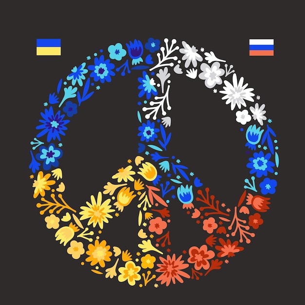 Pacific symbool met oekraïne en russische vlaggen friendship peace flat doodle vector