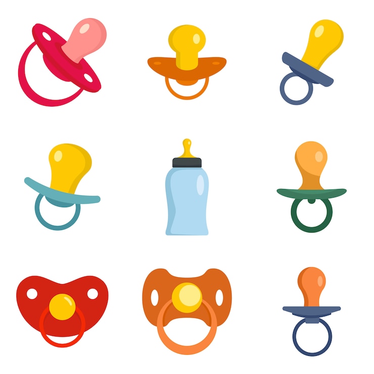 Vector pacifier baby care newborn icons set
