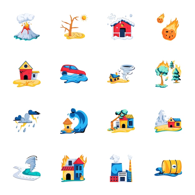 Vector pack of 16 flat natural disaster icons