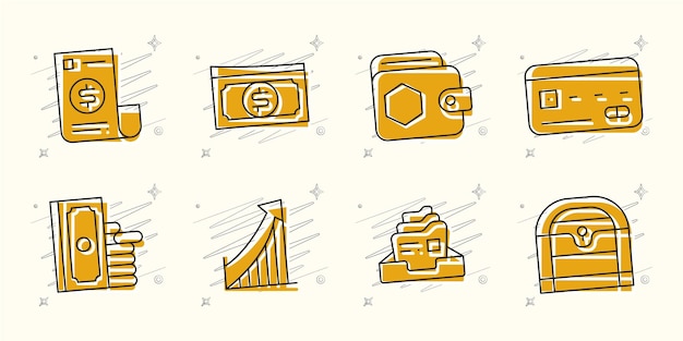 pack of 8 yellow Vector illustrated icons for ecommerce with scribbles and stars