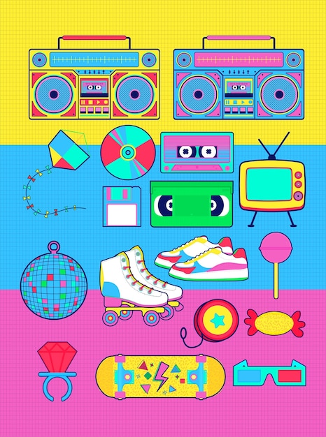 Vector pack 90s 80s nostalgic colorful retro objects toys