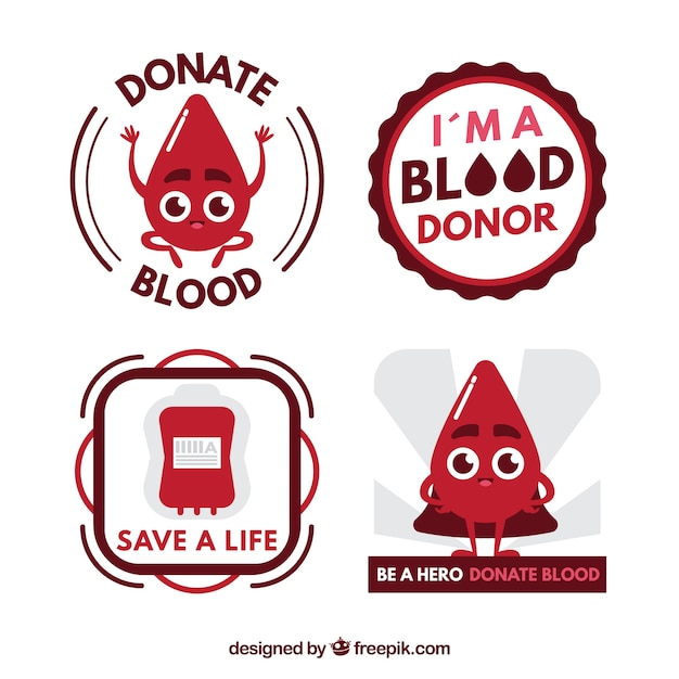 Vettore confezione di badge di donazione del sangue