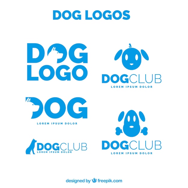 Pack of blue dog logos in flat design