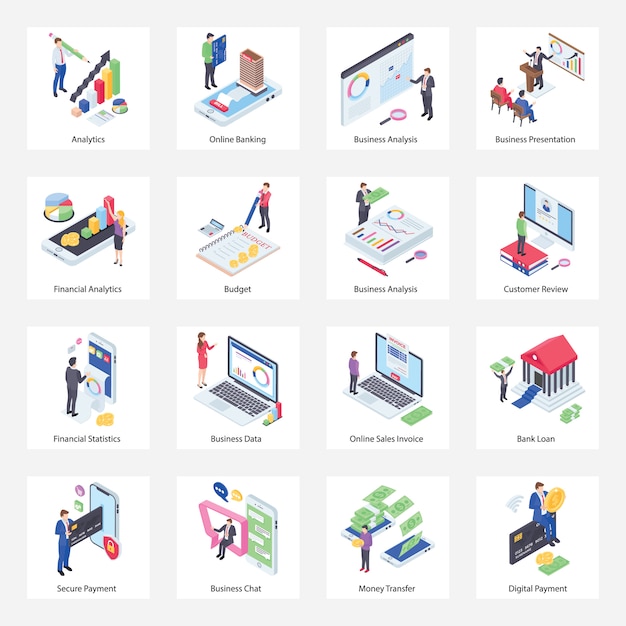 Vector pack of business isometric icons