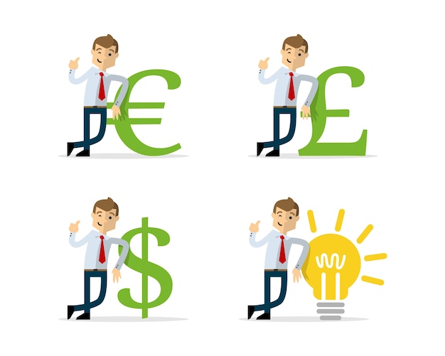 Pack of businessman lean on money icon and bulb