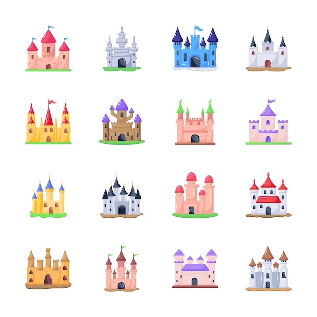 Pack of castle buildings flat icons