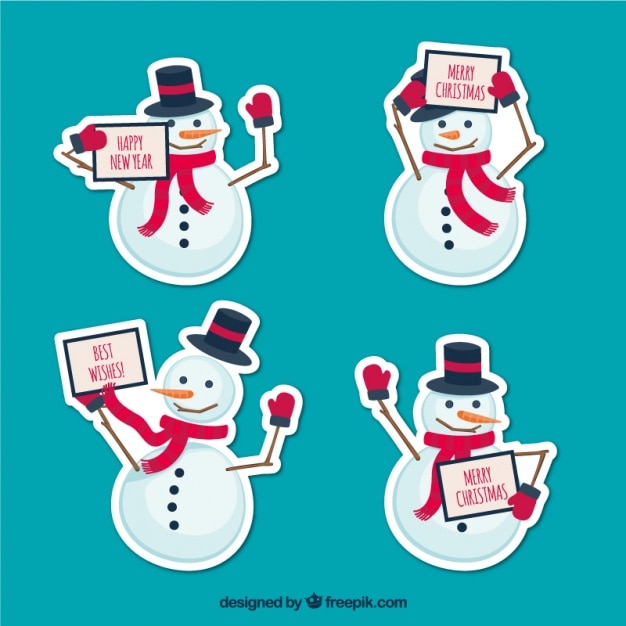 Vector pack of cute snowmen stickers with christmas message