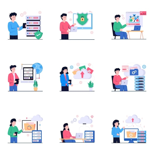 Pack of data hosting flat illustrations