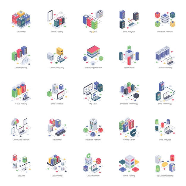 A pack of database server isometric illustrations