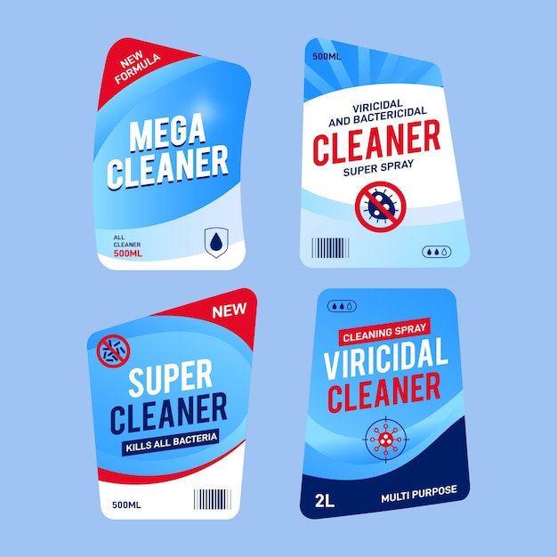 Pack of different viricidal and bactericidal cleaner labels