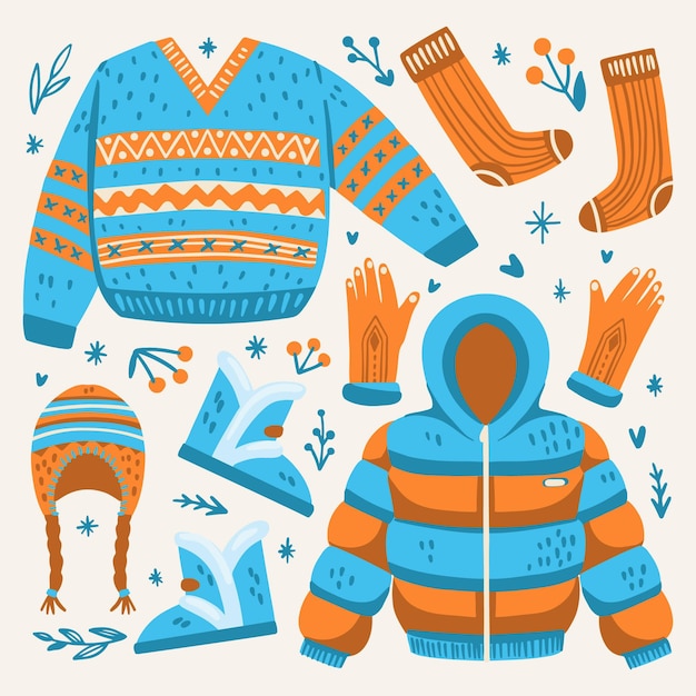 Vector pack of drawn winter clothes