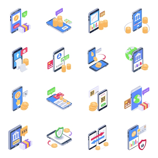 Pack of e banking isometric icons