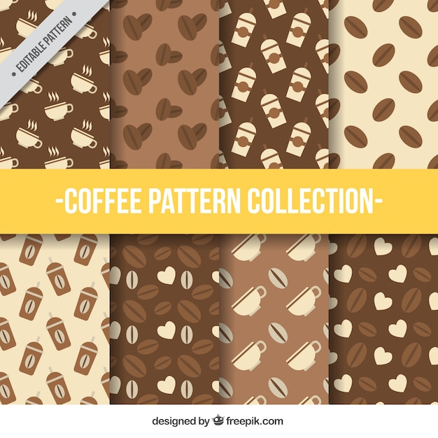 Pack of eight coffee patterns in flat design