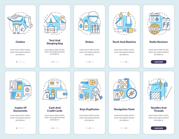 Pack emergency go bag onboarding mobile app screen set