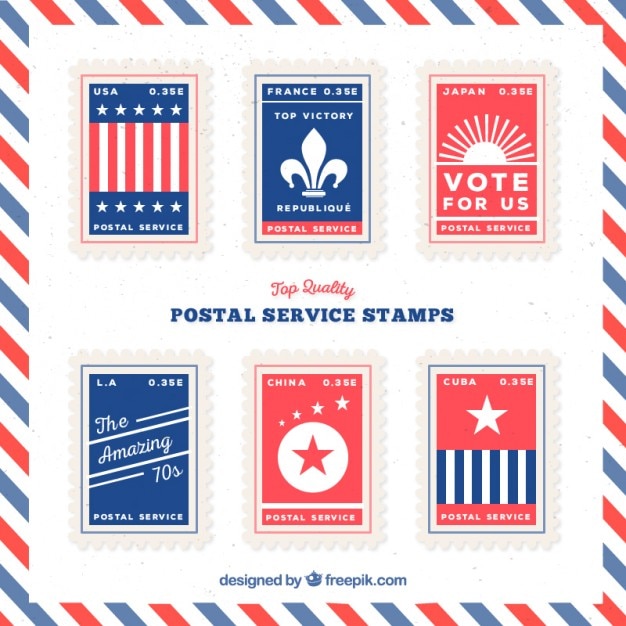 Vector pack of flat blue and red postal service stamps