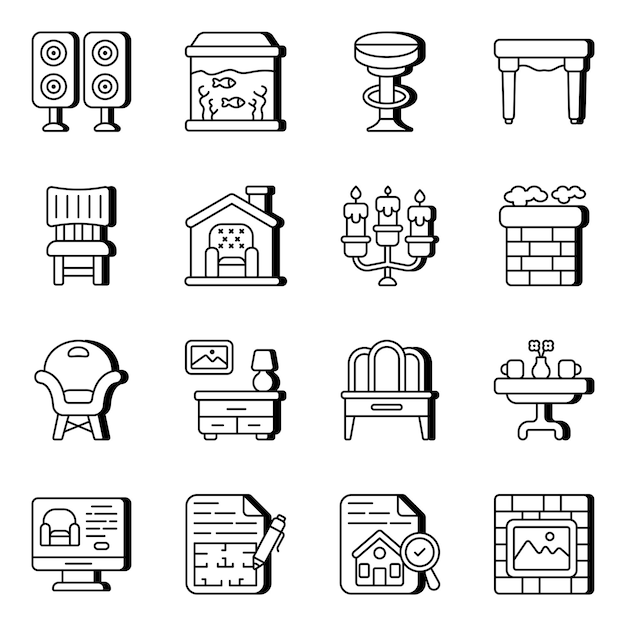 Pack of furniture and appliances linear icons