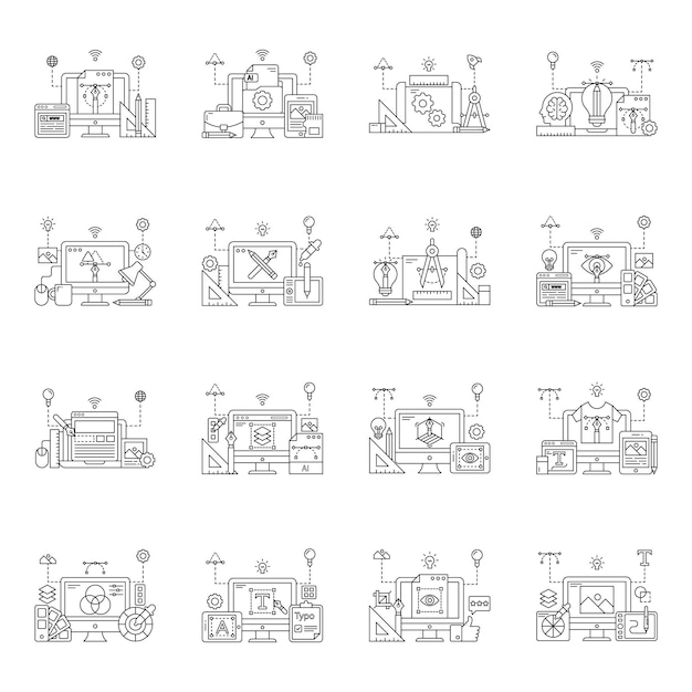 Пакет линейных иллюстраций графического дизайна