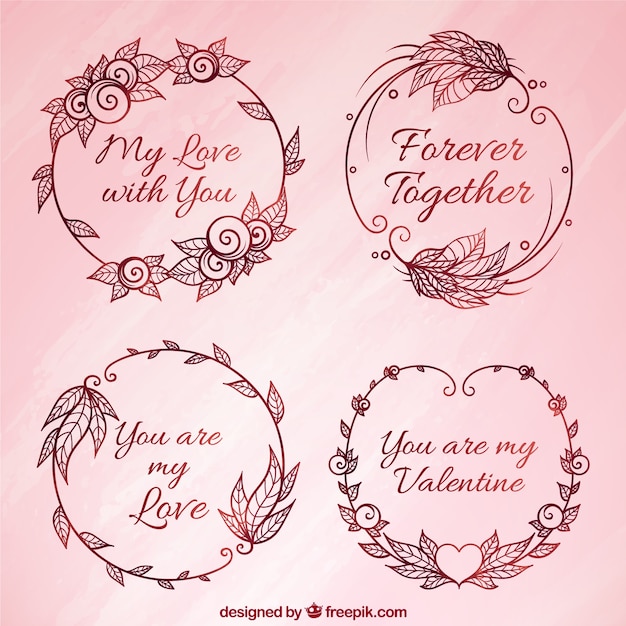 Pack of hand drawn floral ornaments with love messages