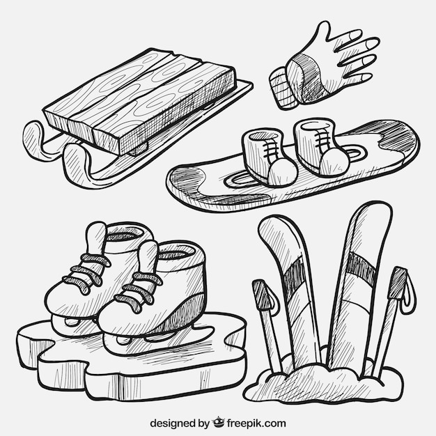 Pack of hand drawn winter sports equipment