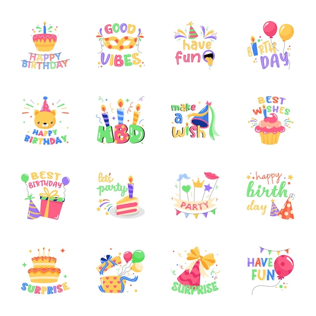 Pack of happy birthday flat stickers