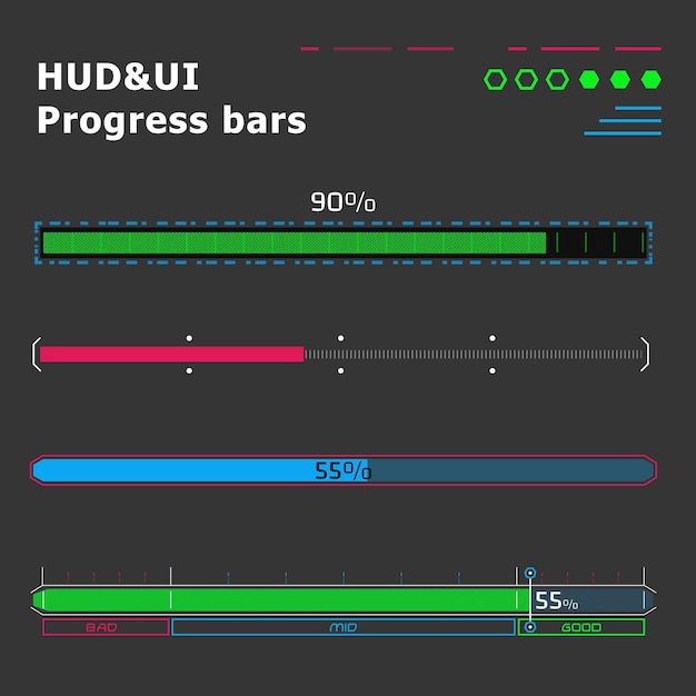 미래 지향적인 인터페이스의 HUD UX UI 진행률 표시줄 및 로드 프로세스 표시기 팩